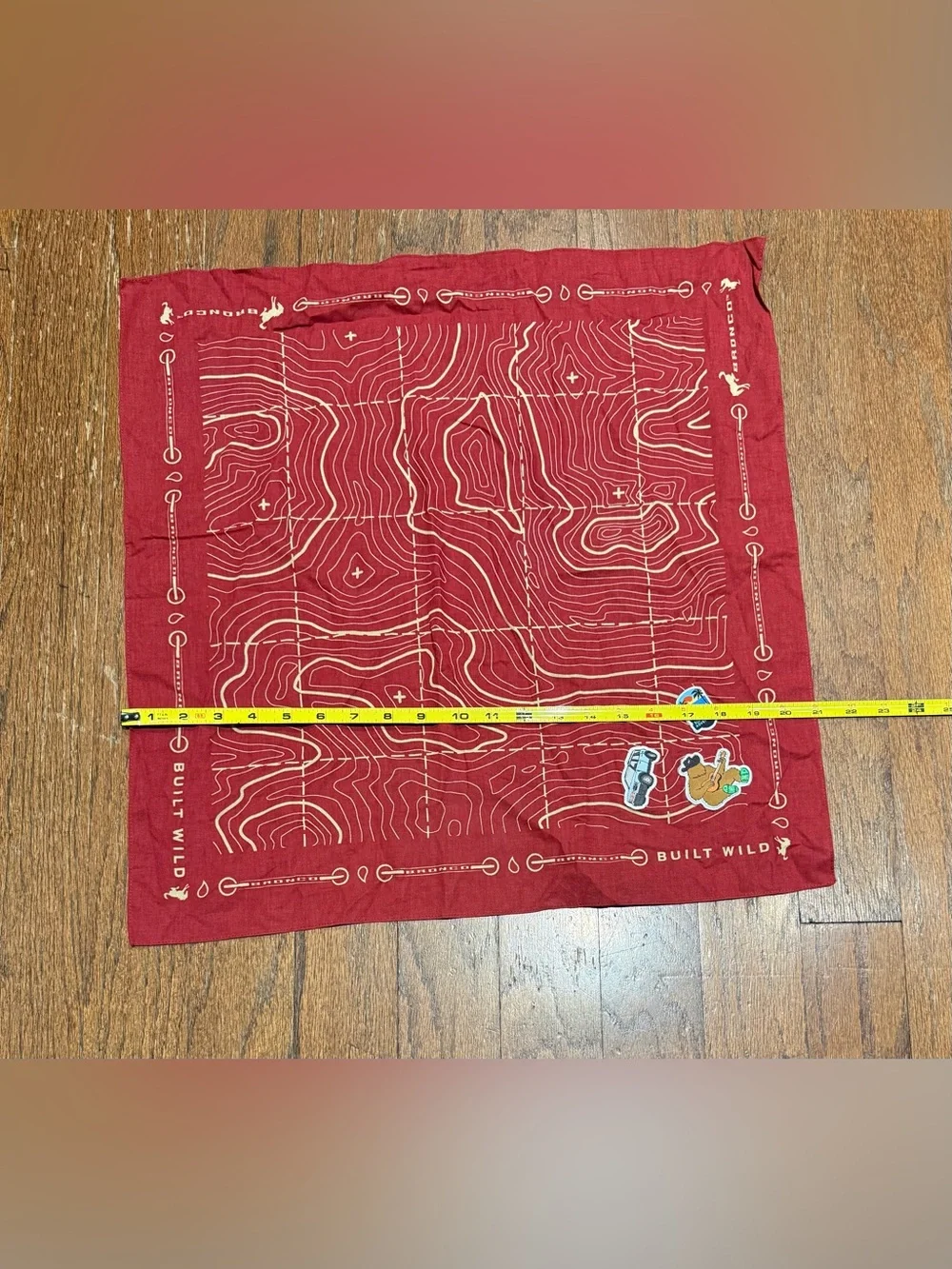Ford Bronco Built Wild Topographic Map Bandana w/ Embroidered Patches – Rust Red
